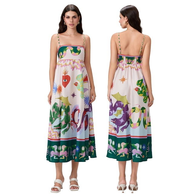 SUNSIOM Robe Sans Manches à Bretelles Spaghetti pour Femmes Robe Longue Fluide d'Été Imprimée pour Fête Cocktail Plage Mode Urbaine