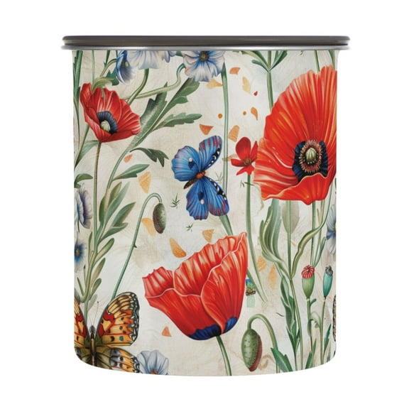 Red Poppy Flowers Butterfly Airtight Coffee Bean Canister 30oz Food Storage Containers with Lids For Gournd, Tea, Sugar, Flour, Rice, Cereal, Candy Cookie Jar
