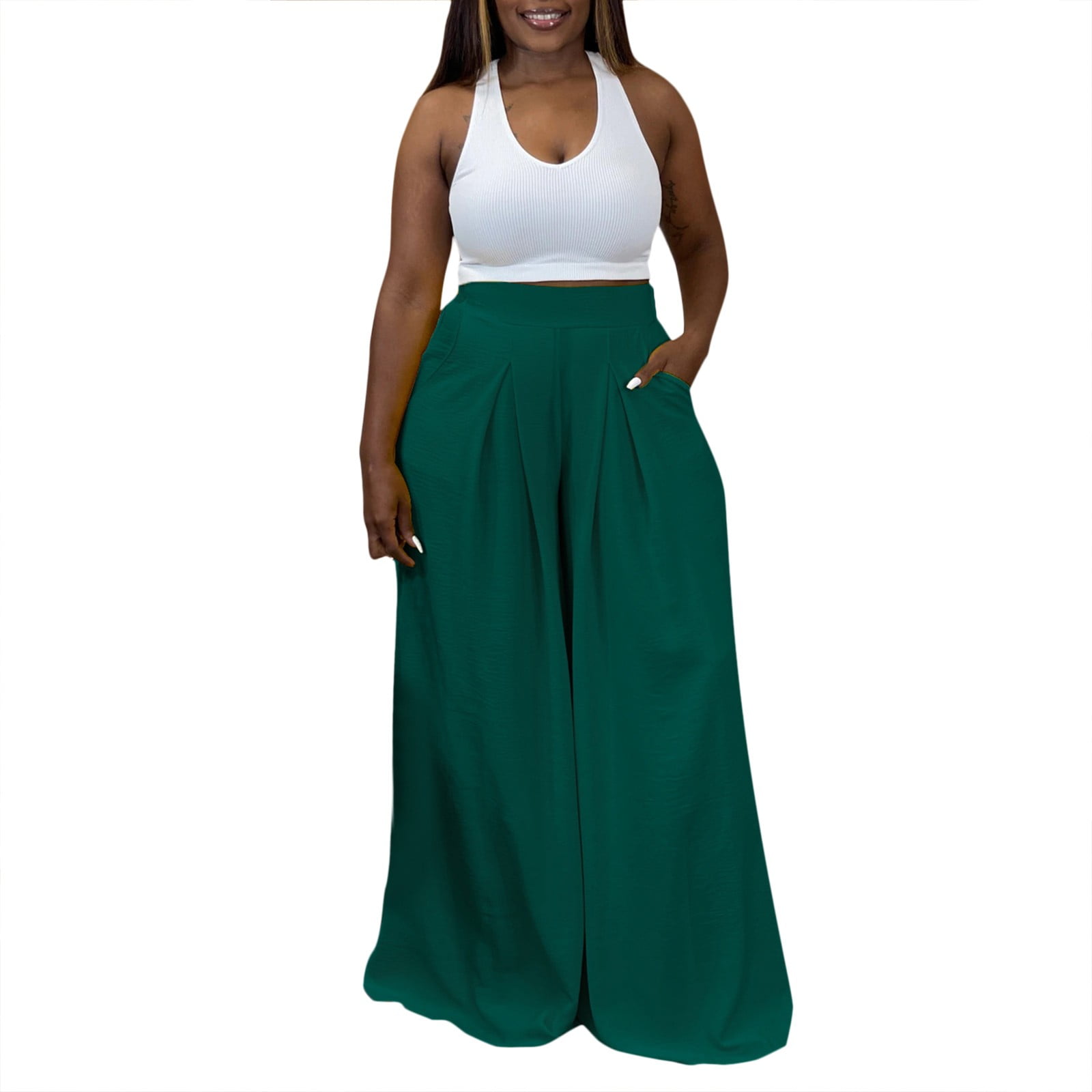 JDEFEG Womens Plus Size Casual Pants Set Flowy Pants for Women Casual High  Waisted Wide Leg Palazzo Pants Trousers with Pocket Plus Size Petite Pants  for Women Petite Length Polyester Green M 