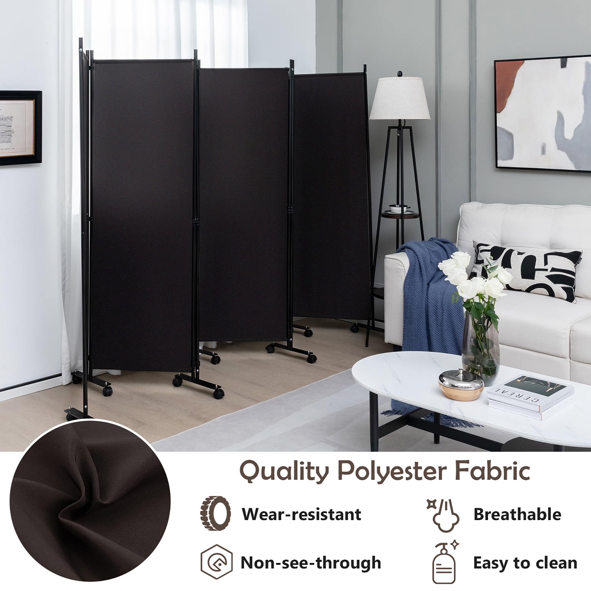 Costway 6-Panel Folding Room Divider 6FT Rolling Privacy Screen with Lockable Wheels Brown