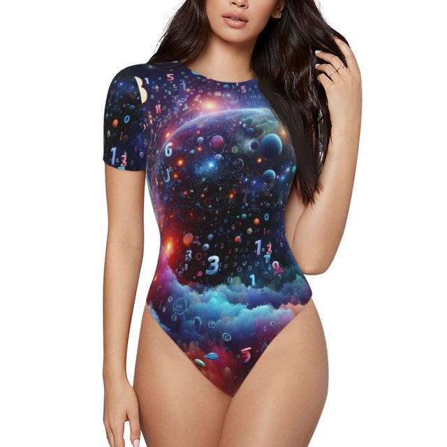 Fotbe Outer Space Floating Numbers And Letters Pattern Women's Crew Neck Short Sleeves Bodysuit Tops Round Neck Slim Sleeveless Soft Comfortable Basic-X-Large