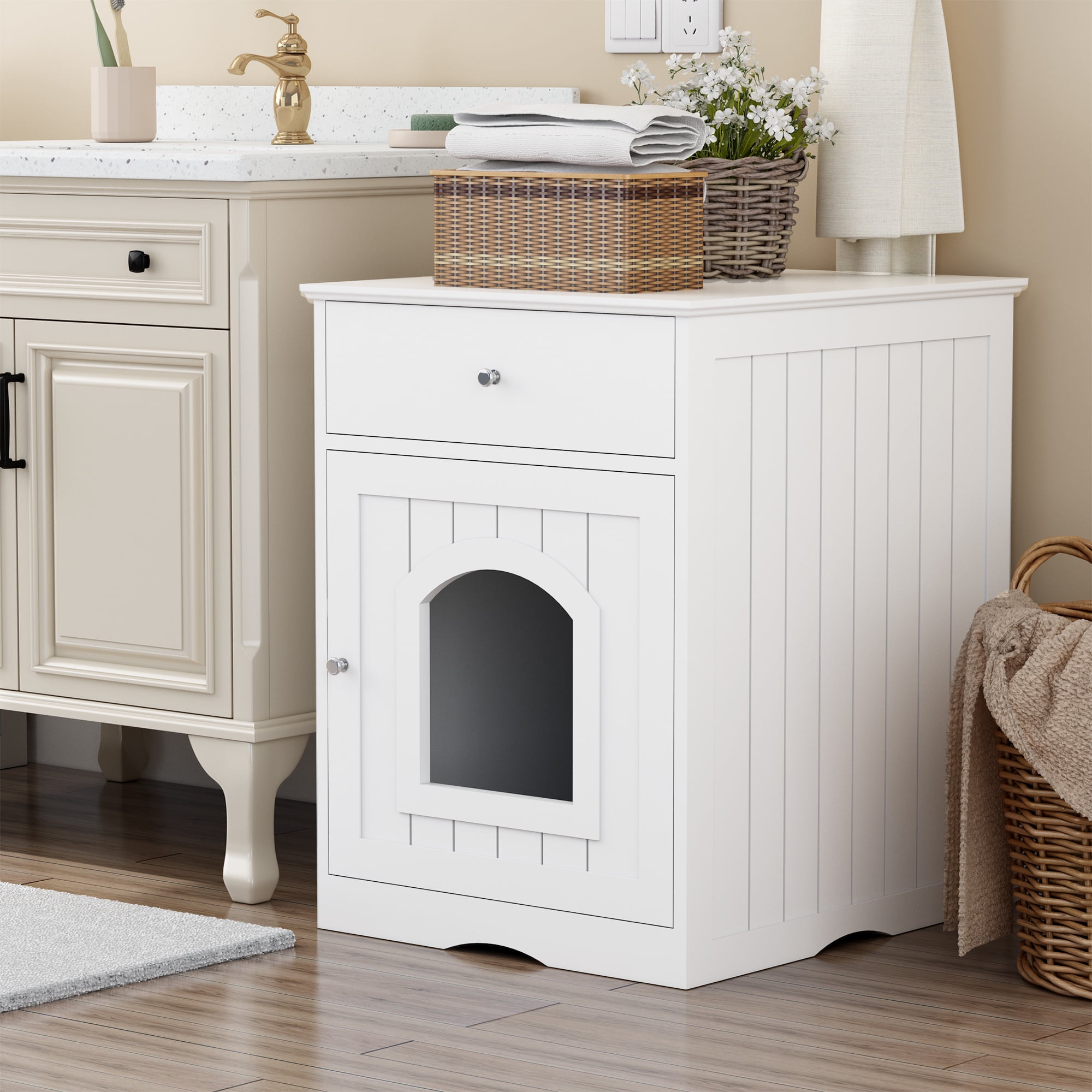Pefilos 19" Cat Litter Box Enclosure, Indoor Pet Crate-Hidden Cat House Cat Washroom with Vent Holes, White Pefilos 19" Cat Litter Box Enclosure, Indoor Pet Crate-Hidden Cat House Cat Washroom with Vent Holes, White