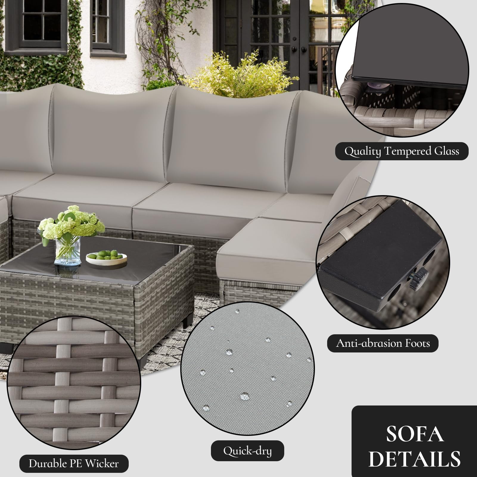 FHFO 7 Pieces Outdoor Patio Furniture Set, Wicker Sectional Sofa Set Rattan Modular Patio Conversation Sets with Cushions Couch Set & Coffee Table for Outside, Garden, Balcony, Porch, Grey/Gray