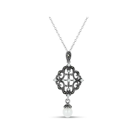 Swarovski Pearl Pendant - Freshwater Pearl Drop and Swarovski Marcasite Sterling Silver Oxidized Pendant, 18