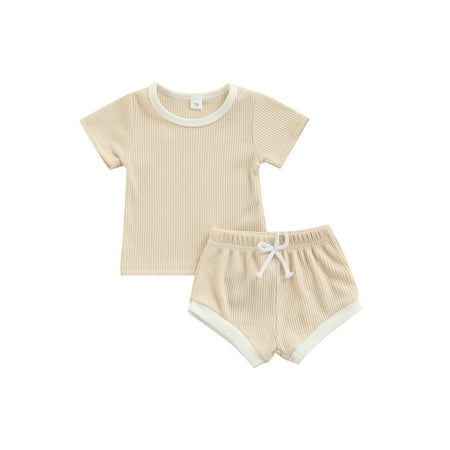 

Nokpsedcb Toddler Unisex Baby Streetwear 2PCS Set Kid Boy Girl Round Neck Short Sleeve Rib Tops Drawstring Elastic Waist Shorts Apricot 0-6 Months