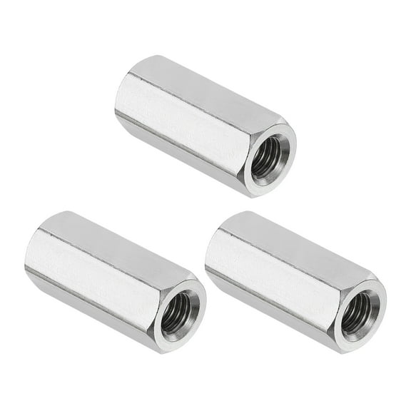 Uxcell M8x1.25 Pitch 304 Stainless Steel Hex Coupling Nuts, 3 Pcs 30mm / 1.18" Length Coarse Fully Threaded Rod Coupling Nut Studding Connector Fasteners, Silver Tone
