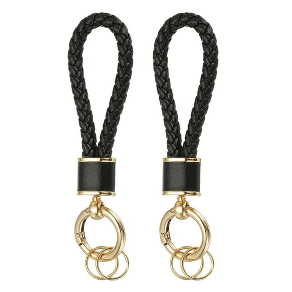 Uxcell 2 Pack Braided Leather Keychain, Keychain Ring Woven Strap Lanyard Strap with 360 Degree Rotatable for Car Key Bag Wallet, Gold/Black