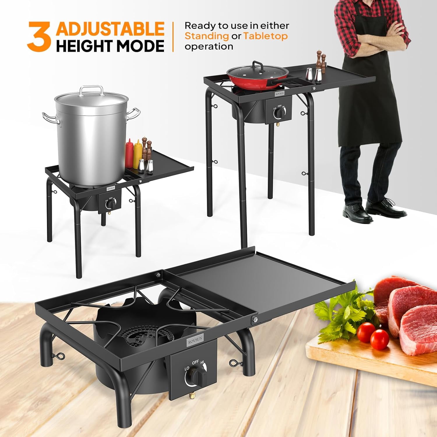 VINGLI Single Burner Propane Gas Stove with Side Shelves & Carrying Bag, 100,000 BTU Portable Stove with Removable Legs & Regulator for Camping Home Backyard Cooking Brewing Canning Turkey Frying