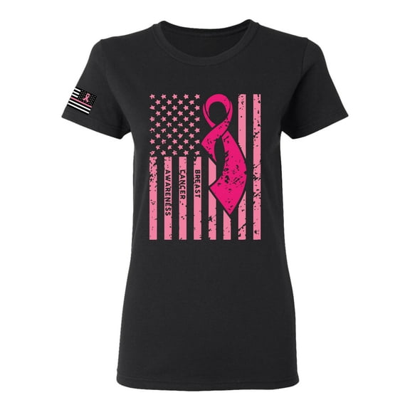 Wild Bobby American Flag USA Flag Sleeve Breast Cancer Awareness Women Tee, Black, Small