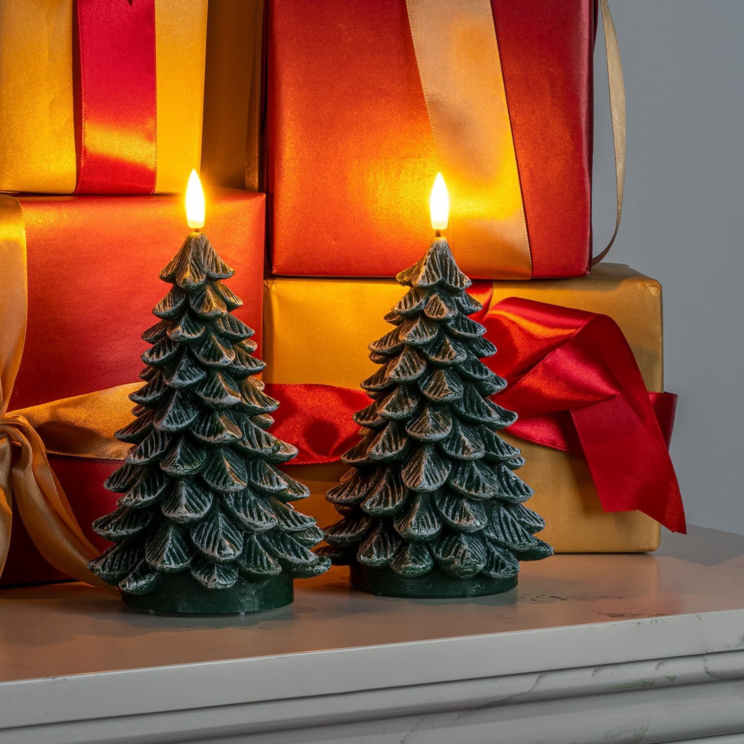 Homemory Christmas Tree Candles with 6 Hours Timer, 2 Pcs Waxy LED Flameless Candles Flickering, Green Electric Candles Battery Operated for New Year Celebration Holiday Decorations 8.5 Inches