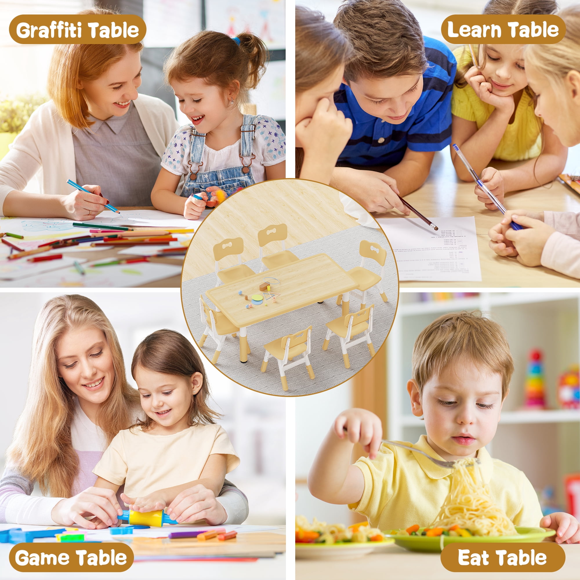 MAVINEX Kids Table and 6 Chairs Set, Height Adjustable, Beige Wood Finish, Toddler Play Table Ages 2-10