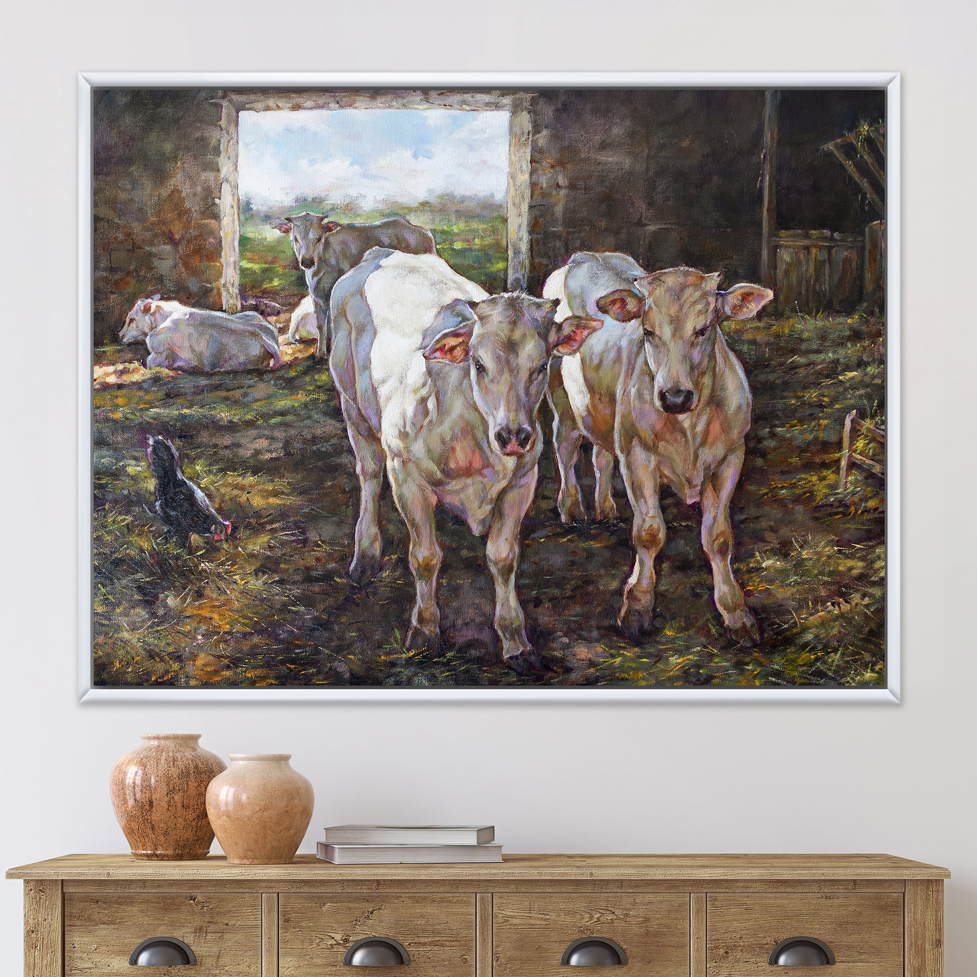 Designart 'The Cows In The Stable In Countryside' Farmhouse Framed Canvas Wall Art Print