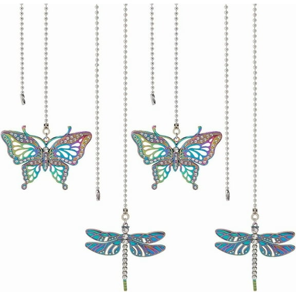 4Pcs Butterfly & Dragonfly Alloy Ceiling Fan Pull Chain Extenders Retro Rainbow Ceiling Fan Extension with Steel Ball Chain for Ceiling Light Fans Lamps DIY