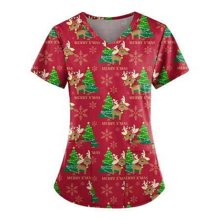 

Yyeselk Women Tops Working Uniform T-Shirt Graphic Print Short Sleeve V-Neck Nursing Scrubs Tops with Pockets Workwear Nursing Blouses Pullover Shirts Tshirts Tee Shirt Red M
