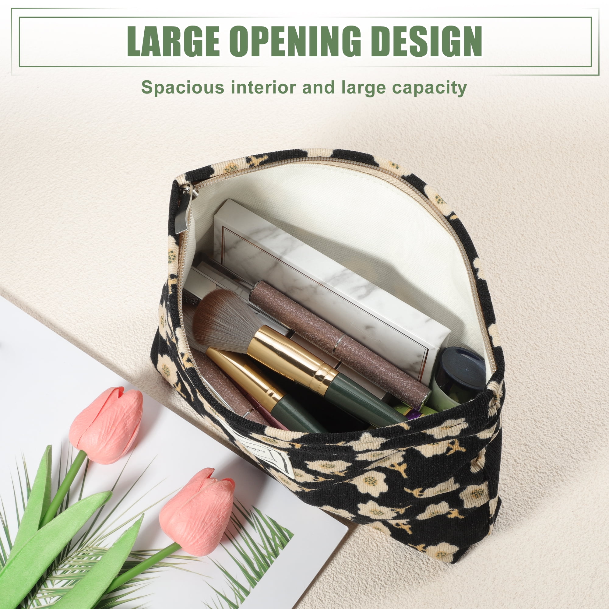 Unique Bargains Flower Cosmetic Bags Corduroy Floral Makeup Bags Pouches with Zipper Black