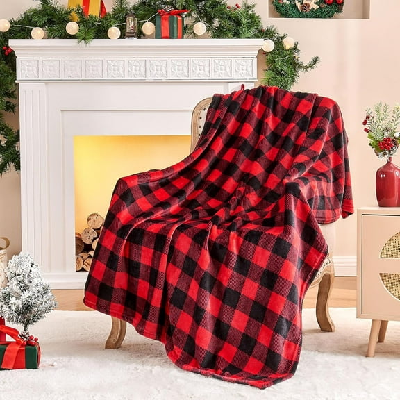 Flannel Blanket for Couch, Red & Black Plaid Fleece Throw Blanket, Soft & Warm Buffalo Plaid Decor Gift Blanket for Women, Men, 50"x60"