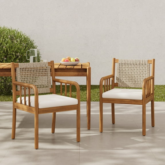 Christopher Knight Home Outdoor Dining Chairs with Rattan Back, Teak Wood Frame, Cream Cushions, Set of 2