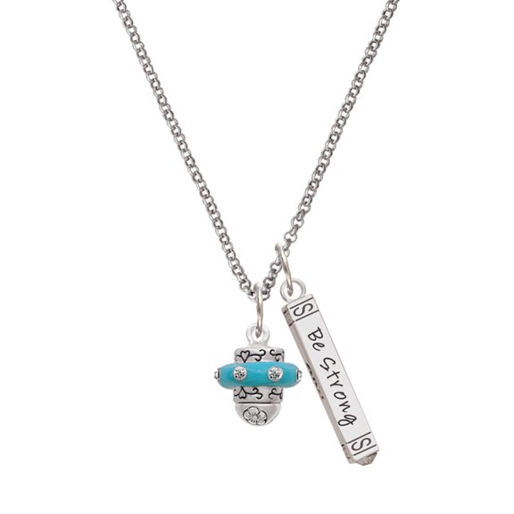Delight Jewelry Silvertone Crystal Teal Spinner Silvertone Be Strong and Courageous Bar Charm Necklace, 23"