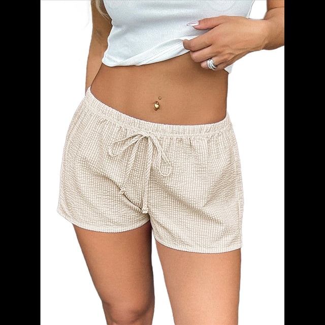 Pantalones Cortos Tipo Bóxer de Verano con Cintura Elástica, Cordón Ajustable y Estampado de Rayas para Mujer. Caqui XL