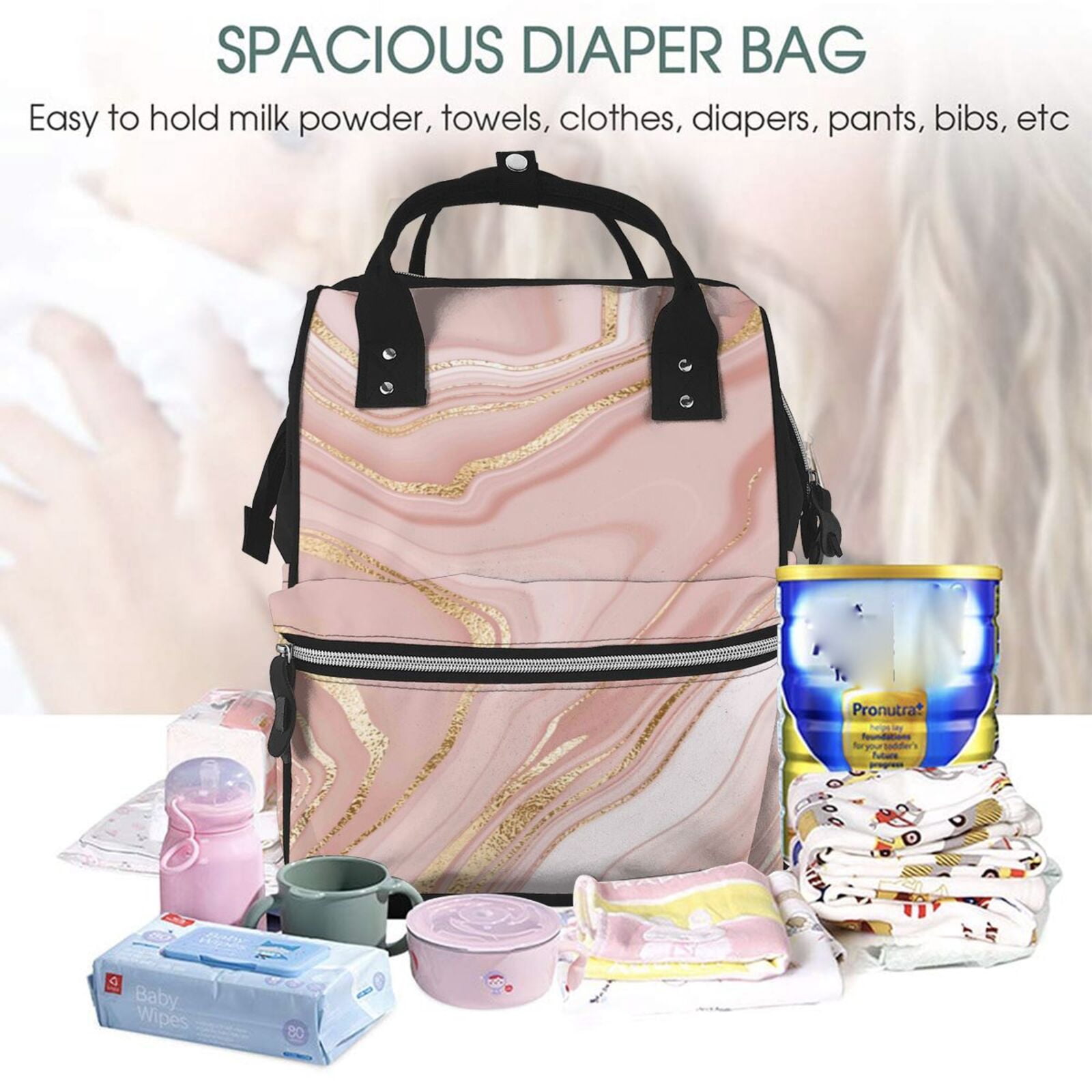 Ratiio Rose Gold Glitter Splatter Mummy Backpack - Waterproof Twill Canvas, Large Capacity Diaper Bag with Multiple Pockets and Adjustable Straps