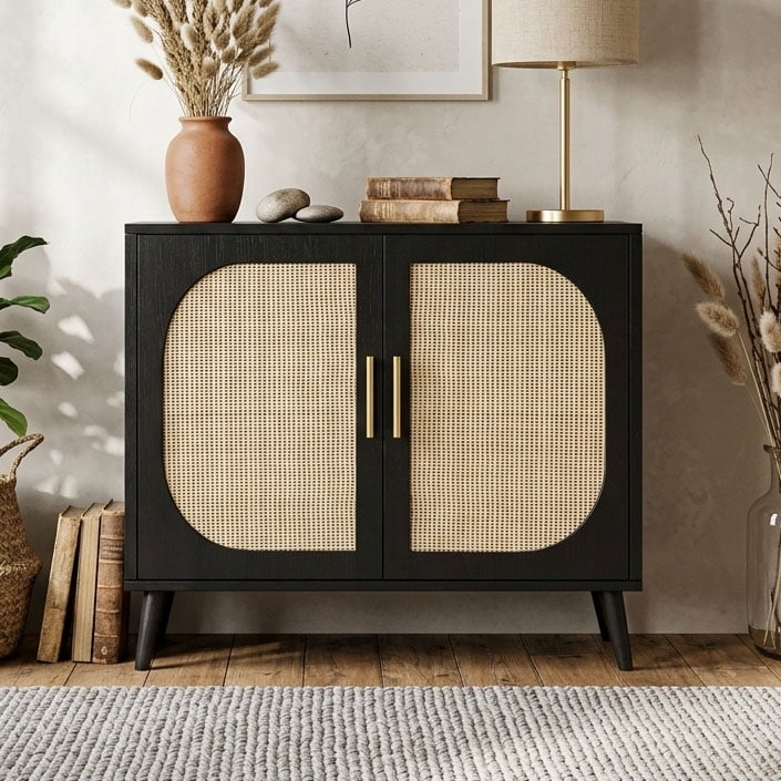Aukfa Sideboard Cabinet with Rattan Doors, Accent Storage Cabinet,Black