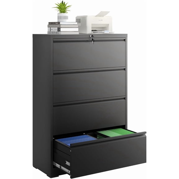 4 Drawer File Cabinet with Lock, Lateral Filing Cabinets,Metal Storage Filing Cabinets for Home Office, Heavy Duty File Cabinet for Letter/Legal/A4/F4 Size Amssebly Required, Black