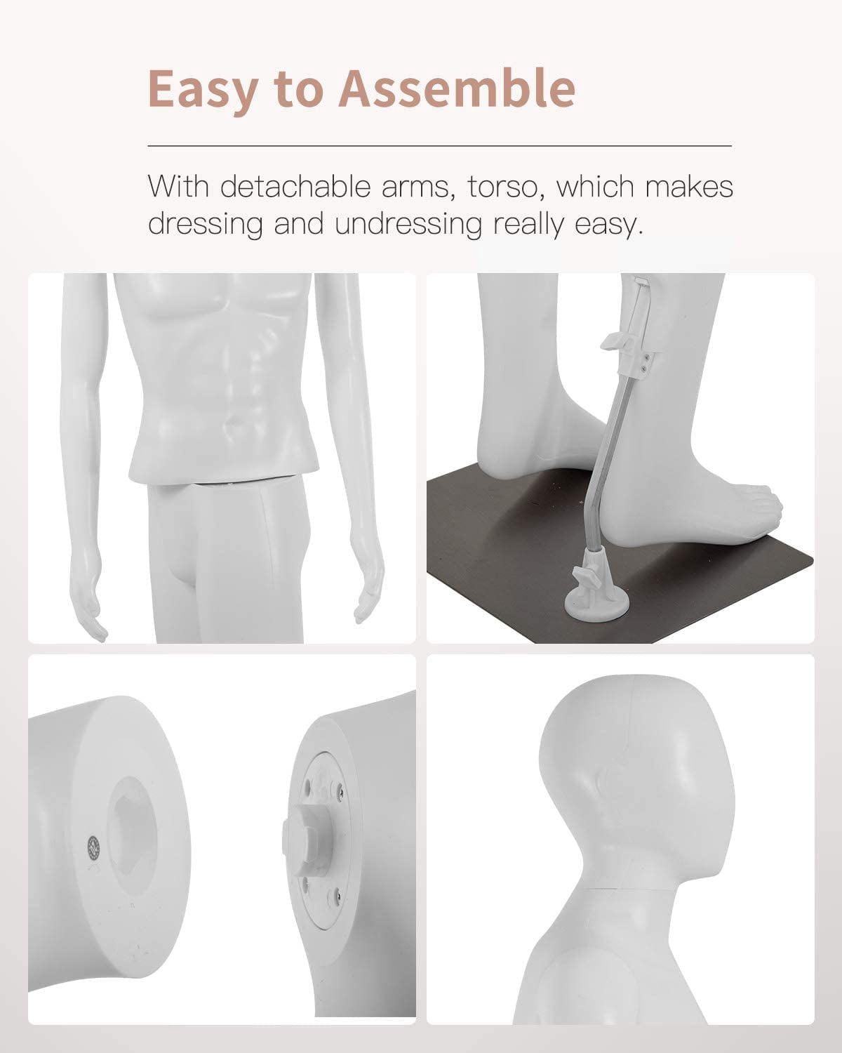 Male Mannequin Torso 73 Inch Full Body Dress Form Adjustable Detachable Realistic Stand Manikin with Metal Base Stand,White