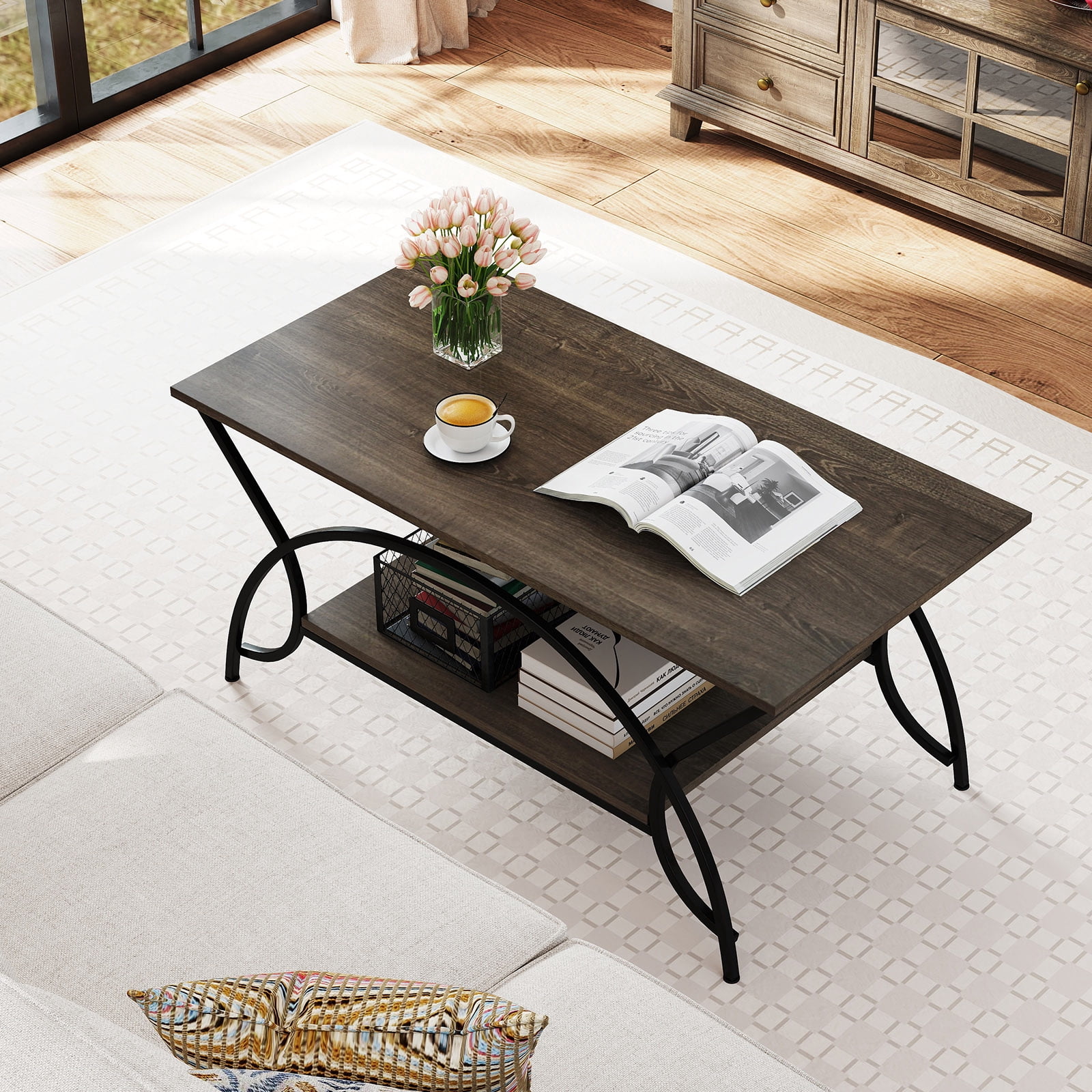 Costway 2-Tier Industrial Coffee Table Rectangular Cocktail Table with Storage Shelf Gray Oak