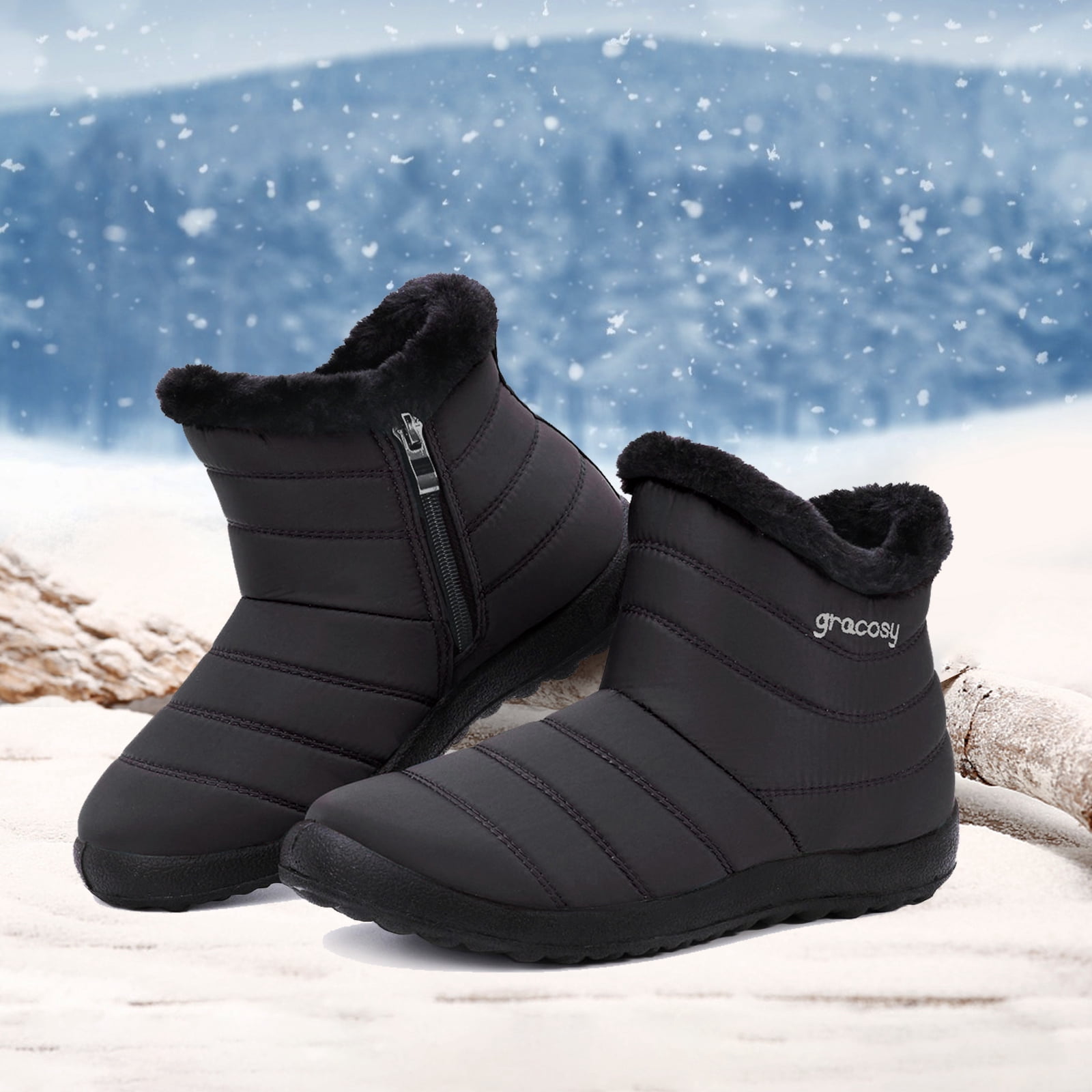Gracosy Boots Mens Size 12 Black Faux Fur Lined Tie gracosy Warm Snow Boots, Winter Warm Ankle Bootie, Fur  main image 2