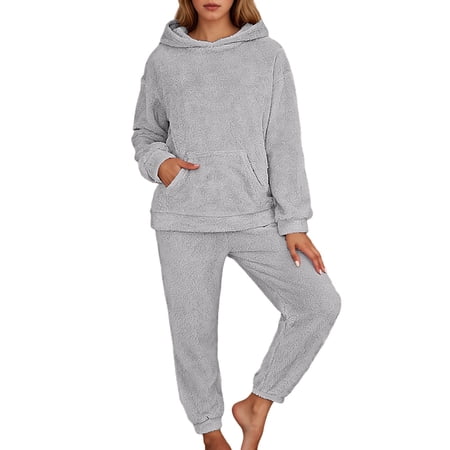 Yuanlong Womens Pajamas Sets Winter Fluffy Sleepwear For Long Sleeve Hooded Top & Pant Lounge Sets Holiday Homewear Thermal Pajama