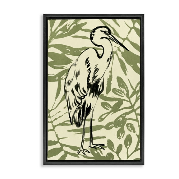 Stupell Industries Heron & Leaf Pattern Animals & Insects Painting Black Floater Framed Canvas Art Print Wall Art, 17 x 25