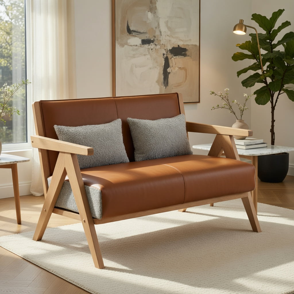 Hommoo 43" W Compact Loveseat Sofa, Chenille & Faux Leather, Rubber Wood Frame, Pocket Spring Cushion, 500 lb Capacity, Brown