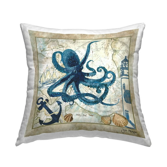 Stupell Industries Octopus & Maritime Map Decorative Printed Throw Pillow Design by Jill Meyer