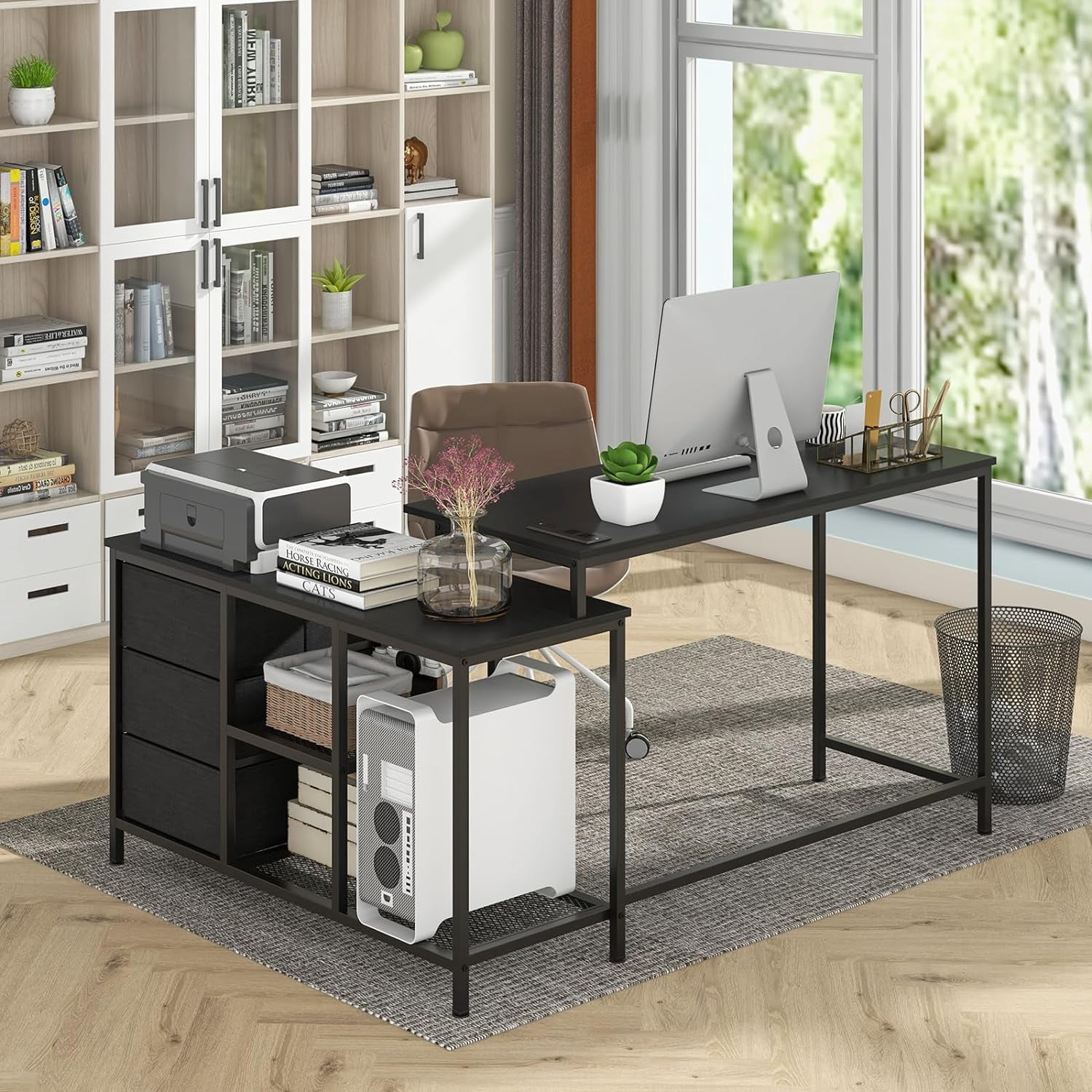 HJTER L Shaped Computer Desk with Drawers, 81" Convertible Corner Desk with Charging Station and Storage Shelves, Study Writing Desk, Modern Long Corner Gaming Table for Home Office (Black)