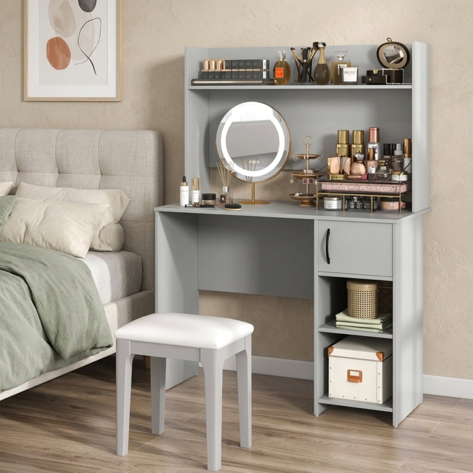 Furnibear Home Office Desk with Raised Display Shelf, Computer Desk with 2 Open Shelves and Cable Holes for Study and Bedroom, Gray