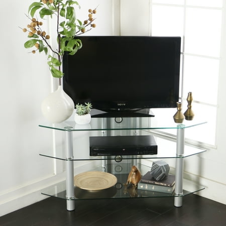 Glass/Metal Corner Clear/Silver TV Stand for TVs up to 48″, Multiple Colors Glass/Metal Corner Clear/Silver TV Stand for TVs up to 48″, Multiple Colors
