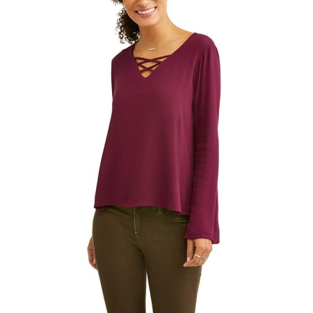 Women's Bell Sleeve Crinkle Knit Peasant Top with Caging Detail