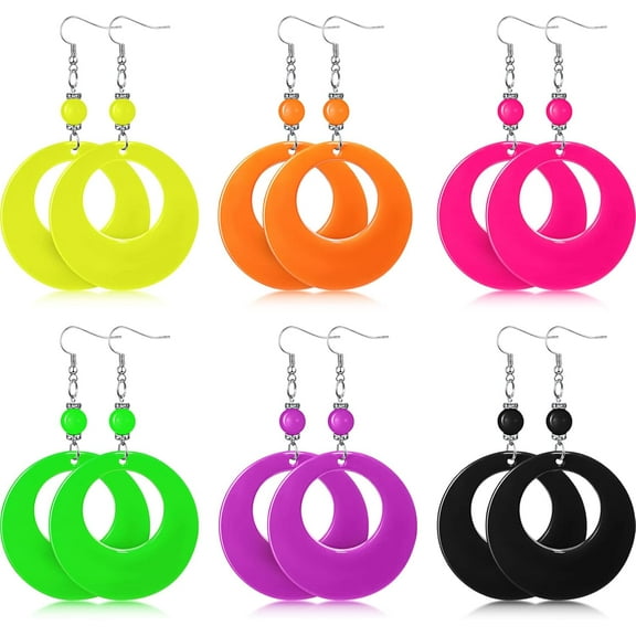 6 Pairs 80s 90s Neon Earrings For Women Retro Geometry Pendant Hoop Drop Dangle For 80's Outfit Glow Party Accessories