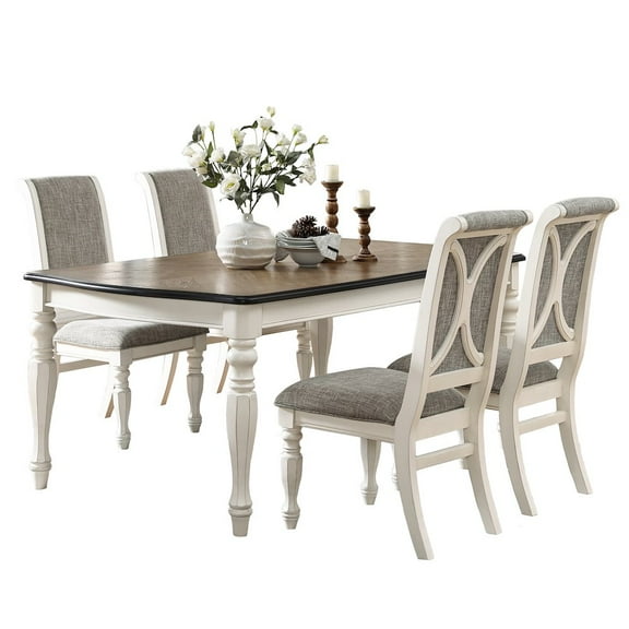 Roundhill Furniture Belleza 5 Piece Farmhouse Dining Table Sets, Antique White/Weathered Oak