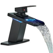 LED Bathroom Basin Sink Faucet Black Waterfall Spout Mixer Tap w/ Cover
