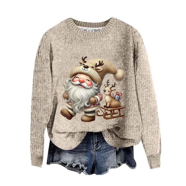 Zhanying Chandails Douillets pour Femmes Jacquard Graphique Tenue de Noël pour Femmes Rouge Col Rond Christmas Sweater
