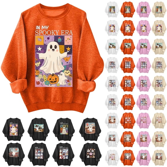 DDAPJ pyju Womens Halloween Ghost Sweatshirt Novelty Holiday Sweatshirts Spooky Season Funny Graphic Pullover Tops Gifts for Teen Girls A-Black L