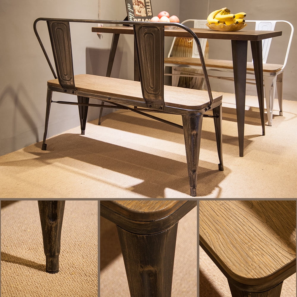 Kepooman Rustic Vintage Style Distressed Dining Table Bench with Wooden Seat Panel and Metal Backrest & Legs Kepooman Rustic Vintage Style Distressed Dining Table Bench with Wooden Seat Panel and Metal Backrest & Legs