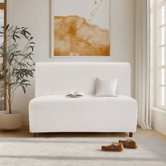 49 Inch Beige Boucle Fabric Loveseat with 25D High Density Sponge Cushion and Light Brown Legs for Living Room, Modern Apartment Sofa