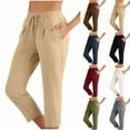 thumbnail image 2 of Bloomae Women's Petite Linen Capris Capri Pants with Pockets Lightweight Trendy Solid Color Casual Drawstring Elastic High Waist Straight Leg Cropped Trousers Navy M, 2 of 6