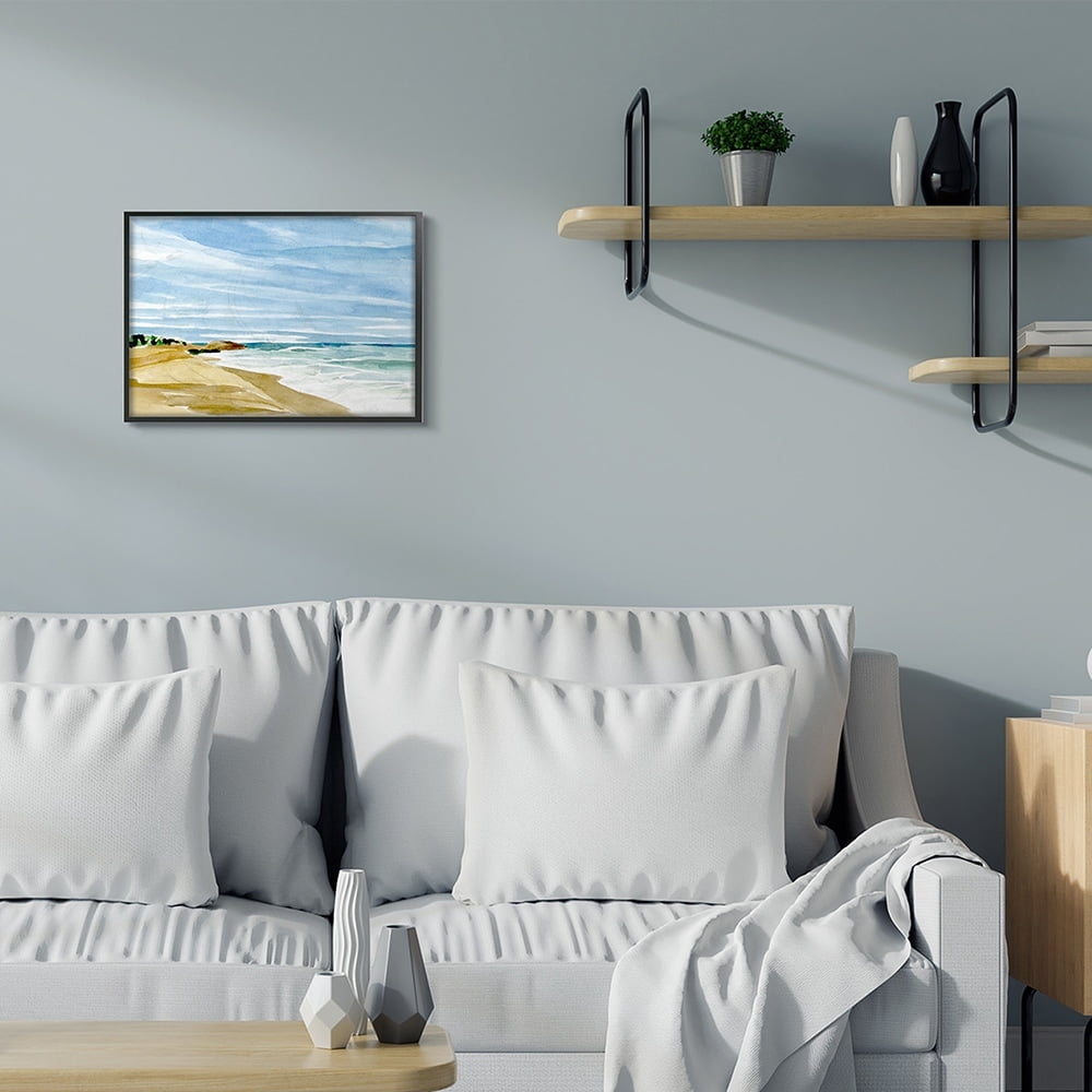 Stupell Industries Calm Nautical Coastline Soft Watercolor Landscape Black Framed by Annie Warren