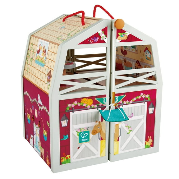 Hape: Pony Club Ranch - Wooden 2 Level Barn Dollhouse, White & Red, Horse & Rider Figures, Open & Reveal, Rope Handle, 13.8"x11.4"x9.4", Kids Ages 3 