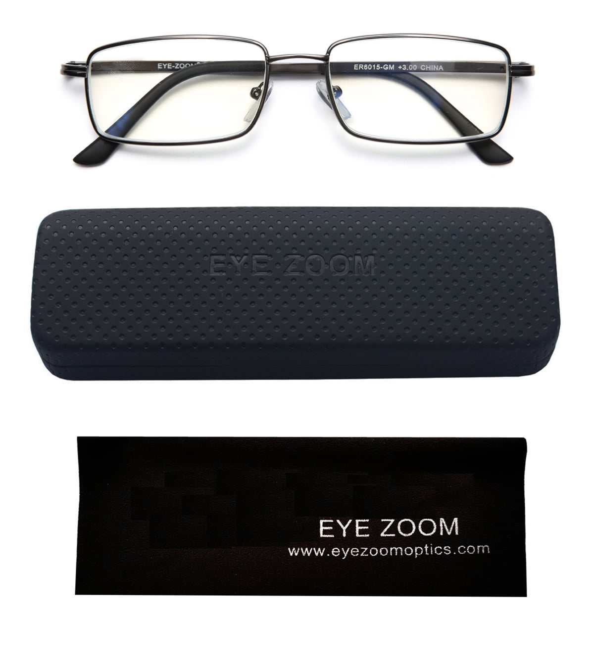 EYE ZOOM 2 Pack Rectangular Metal Frame Blue Light Blocking Reading Glasses, Gunmetal, +1.75
