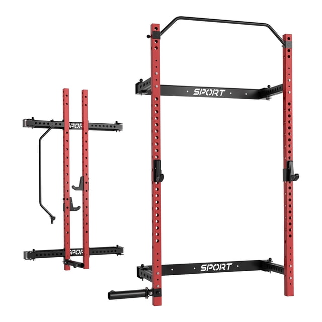 Folding Squat Rack for Home Gym, 2.36" x 2.36" Folding Power Rack with Pull Up Bar, J Hooks and Landmine Attachments, 1000 LBS Capacity Wall Mounted Squat Rack, Space Saving Weight Cage