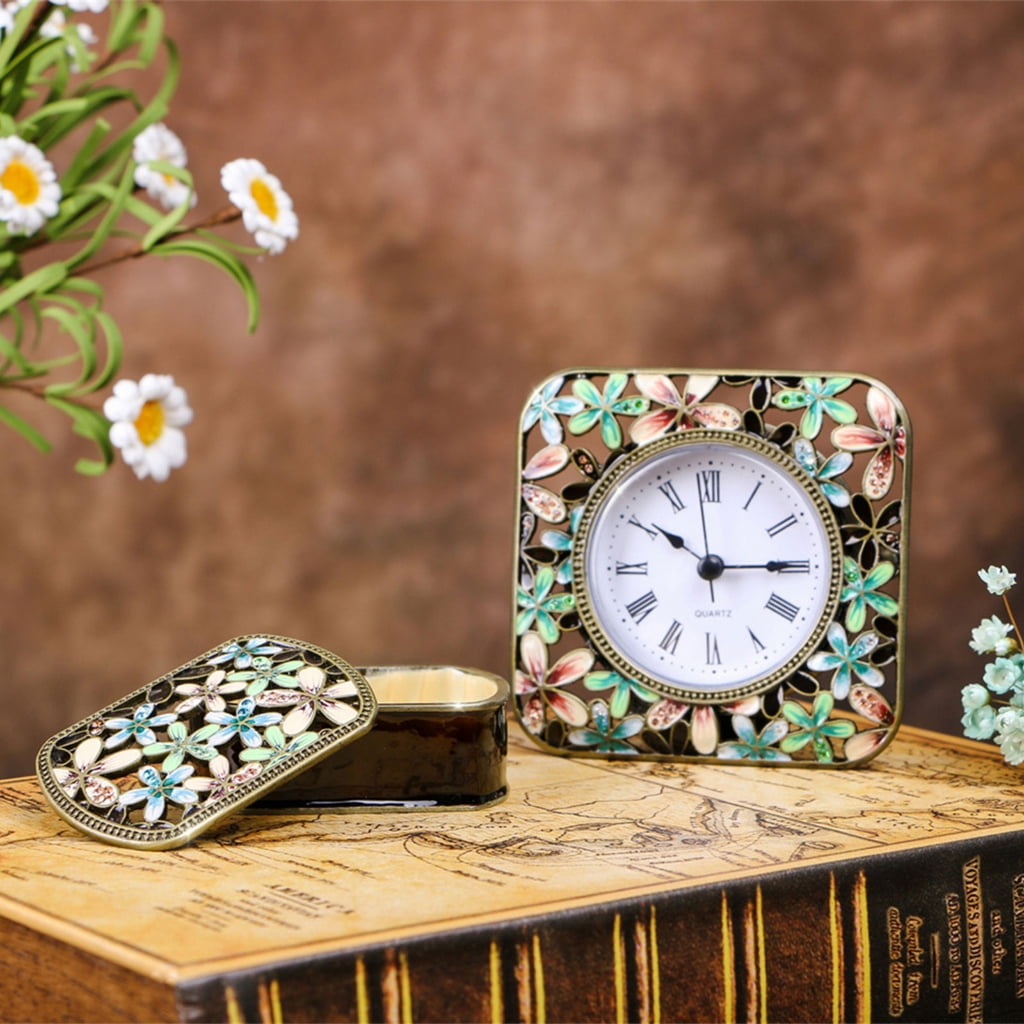 Desk Clock Floral Alarm with Enamel Finish, Decorative Small Table Clocks 1PC